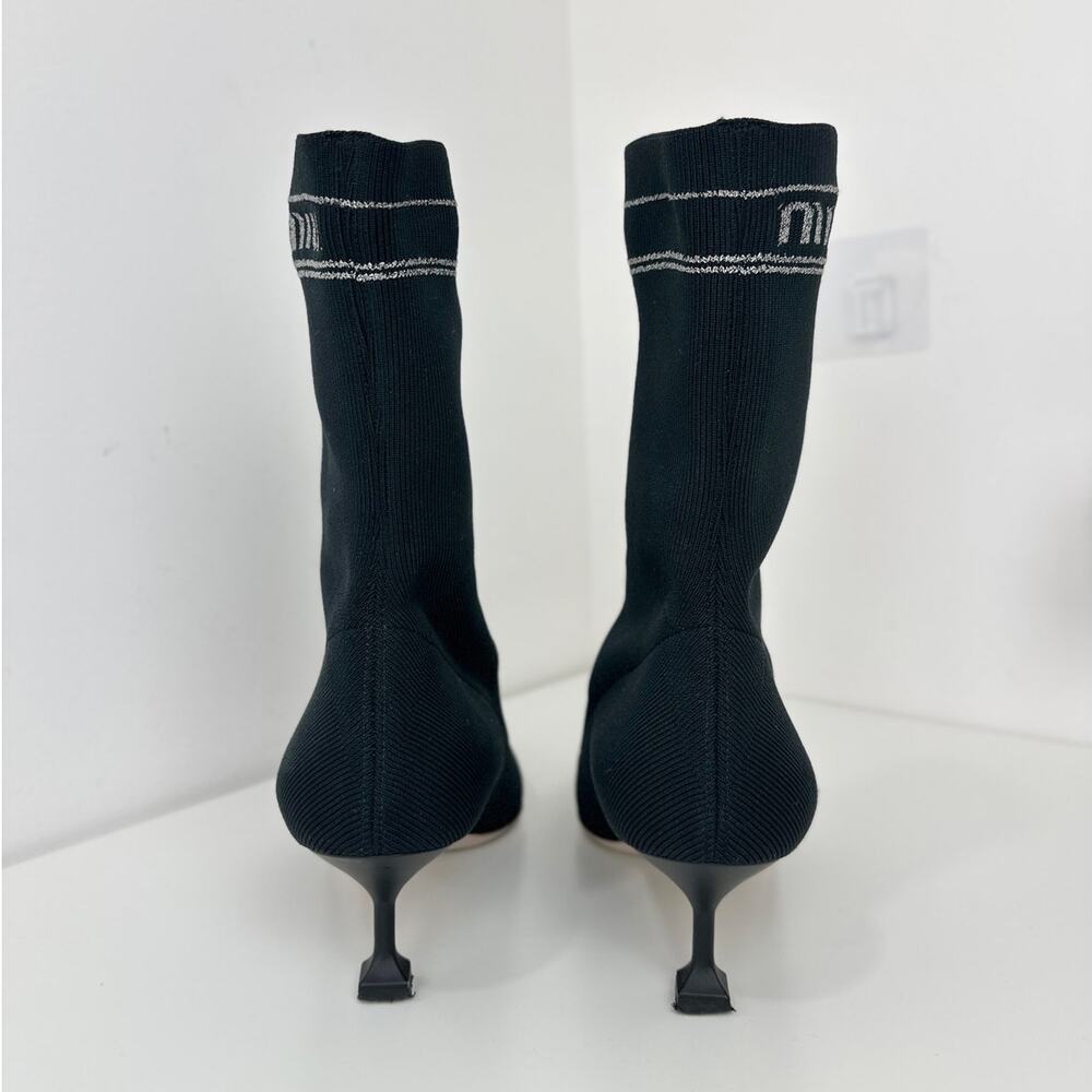 Miu Miu Kitten Heel Sock Boots Shoes Black Logo Pointed Toe EU 37.5 US 7.5 - Picture 3 of 14